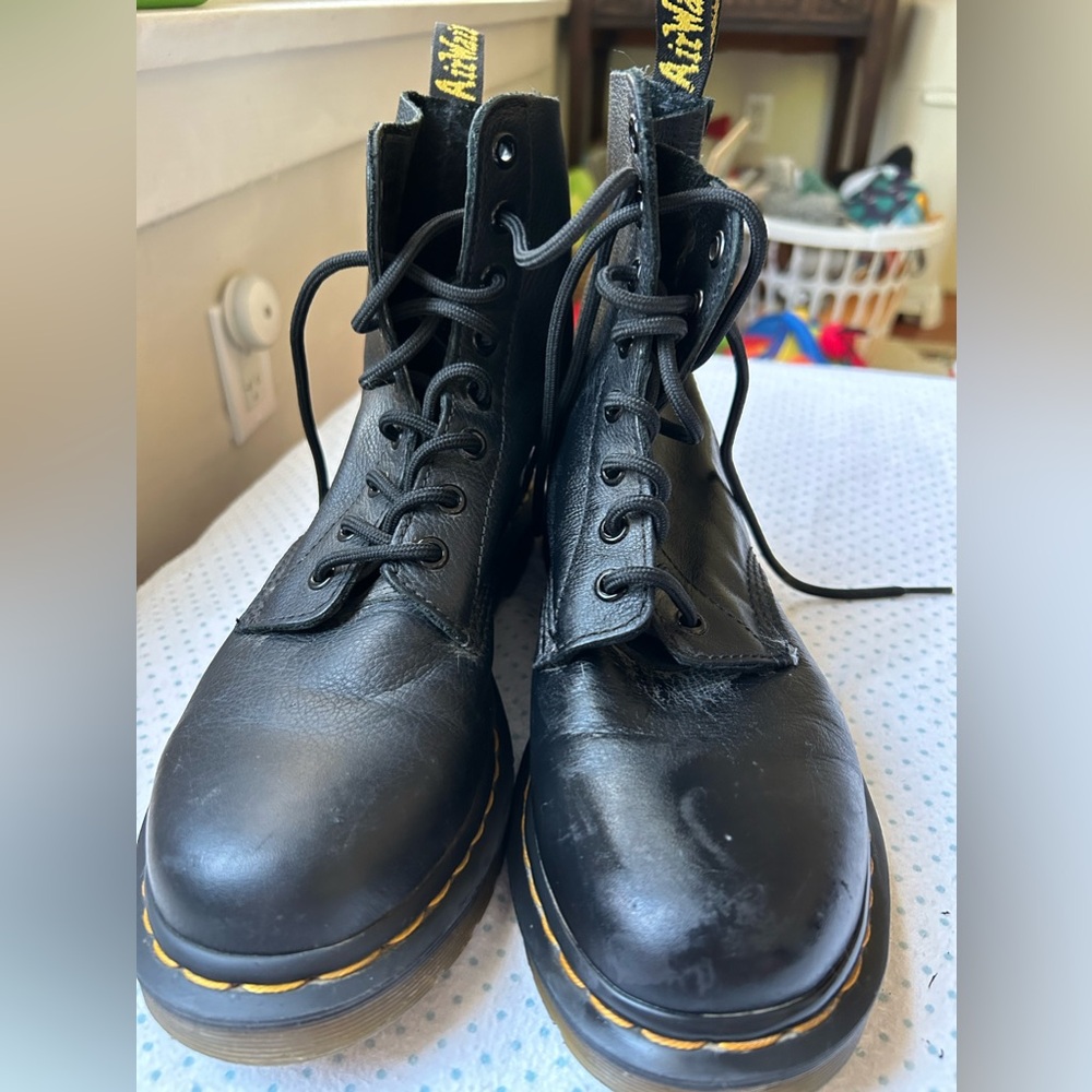 Dr. Martens Black Leather Lace-Up Ankle Boots with Yellow Stitching
